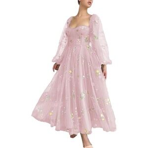 Women's Puffy Sleeve Prom Dresses Flower Embroidery Tulle